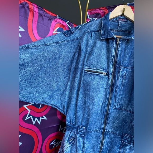 Vintage Beret Boiler Suit Jumpsuit Denim Acid Wash Zip Batwing Dolman 80s Jean - Picture 5 of 15
